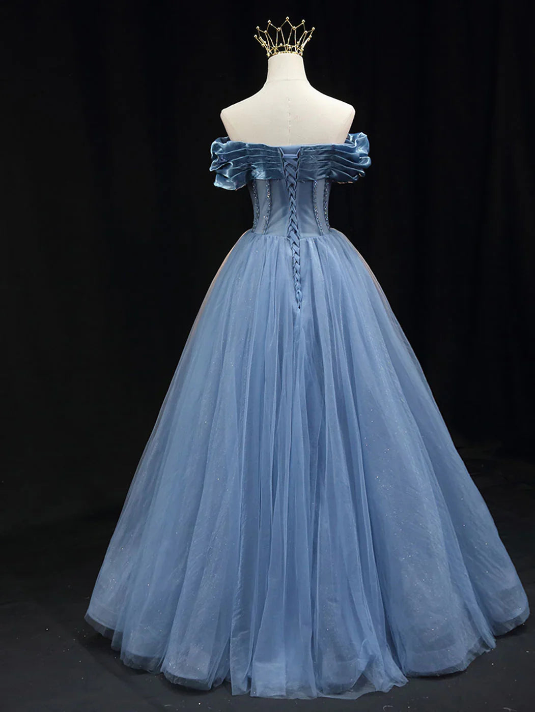 Vestido de fiesta largo de tul azul con hombros descubiertos, vestido formal de tul azul ED0817