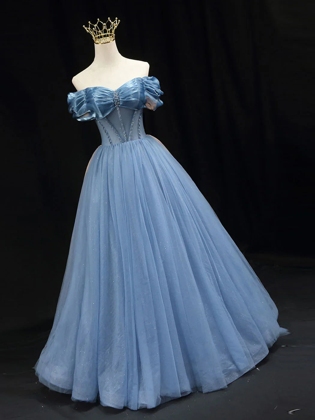 Vestido de fiesta largo de tul azul con hombros descubiertos, vestido formal de tul azul ED0817