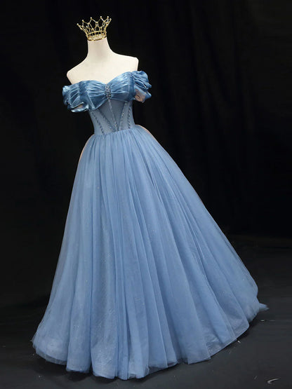 Vestido de fiesta largo de tul azul con hombros descubiertos, vestido formal de tul azul ED0817