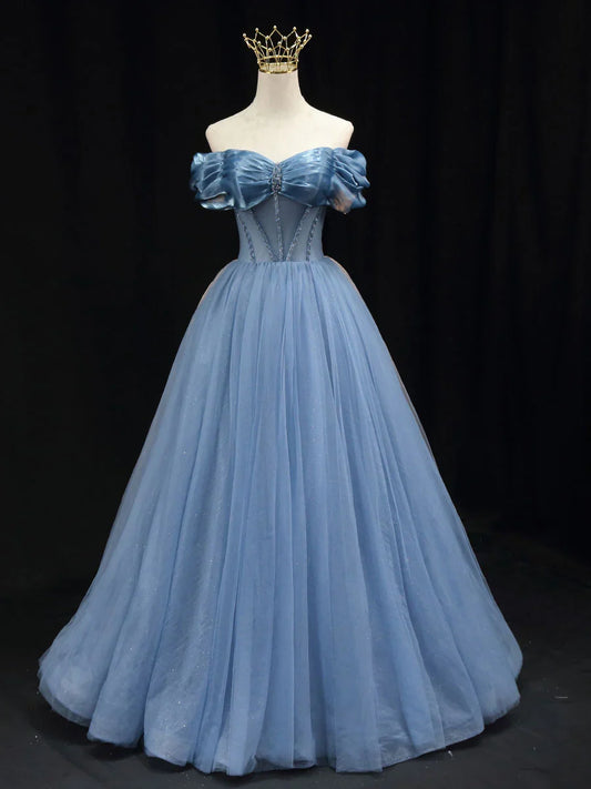 Vestido de fiesta largo de tul azul con hombros descubiertos, vestido formal de tul azul ED0817