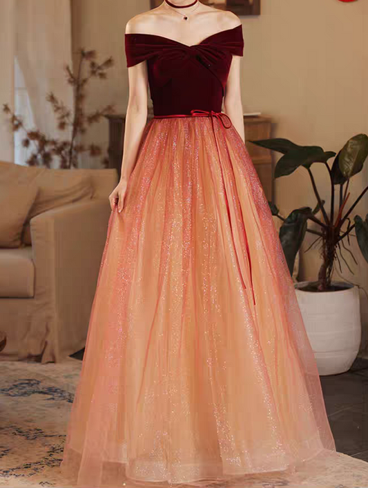 Vestido de fiesta largo de tul con hombros descubiertos color burdeos, vestido formal color burdeos ED0820