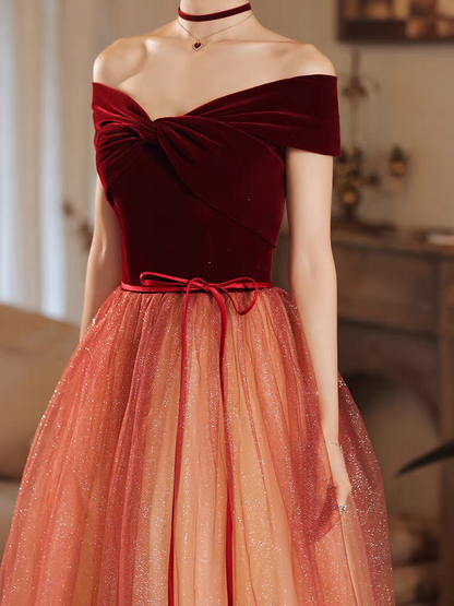 Vestido de fiesta largo de tul con hombros descubiertos color burdeos, vestido formal color burdeos ED0820