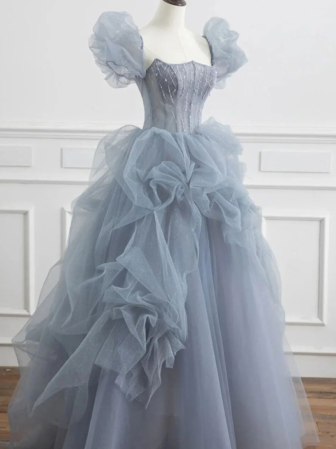 Gray blue beads long prom dress gray tulle formal dress ED0823