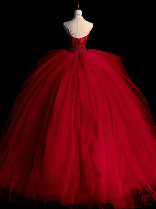 Vestido de fiesta largo con cuentas de tul burdeos, vestido de novia de tul burdeos ED0826