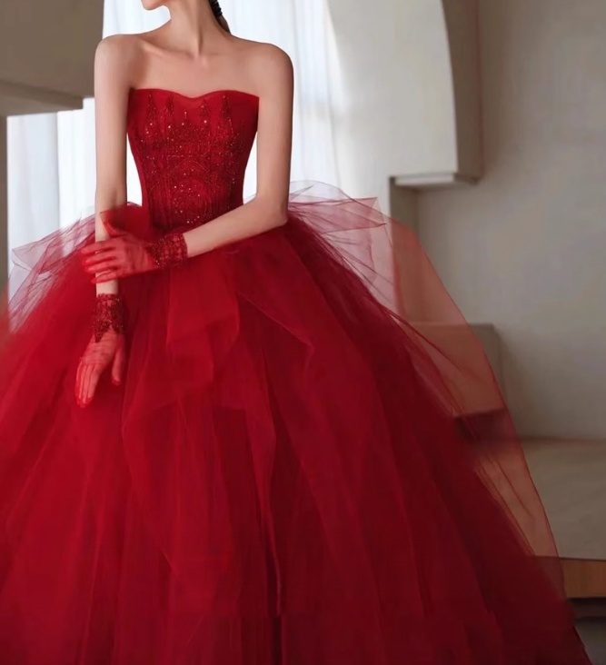 Vestido de fiesta largo con cuentas de tul burdeos, vestido de novia de tul burdeos ED0826