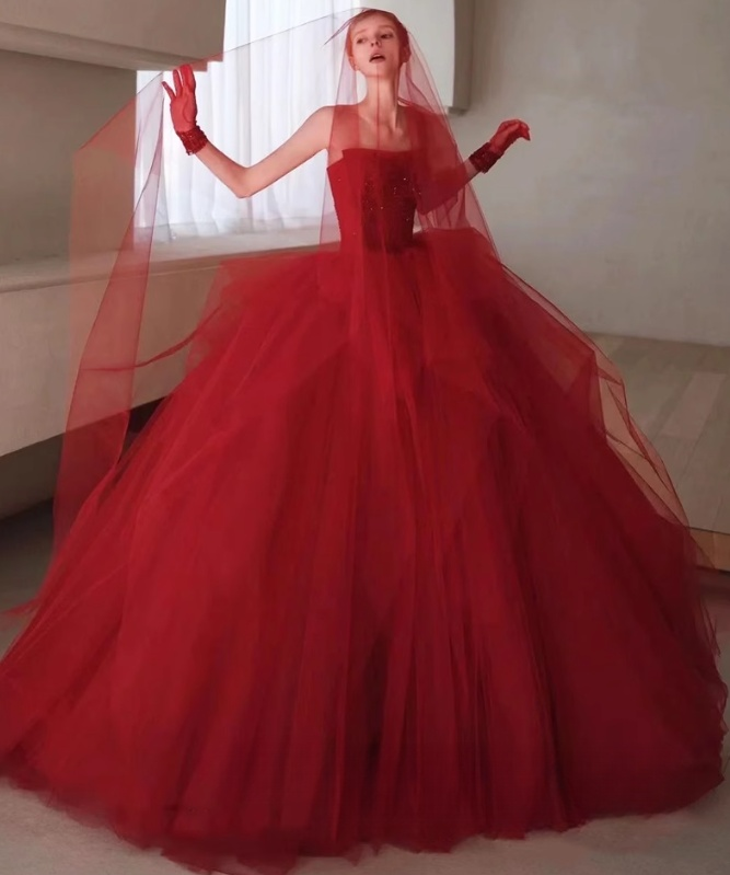 Vestido de fiesta largo con cuentas de tul burdeos, vestido de novia de tul burdeos ED0826