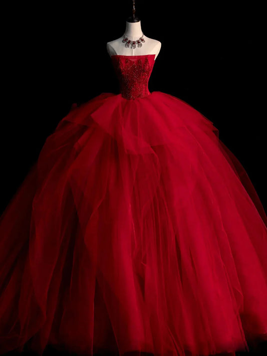 Vestido de fiesta largo con cuentas de tul burdeos, vestido de novia de tul burdeos ED0826