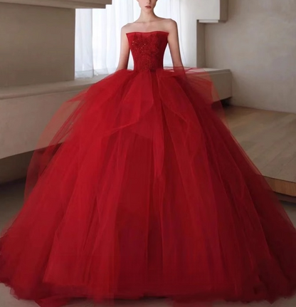 Vestido de fiesta largo con cuentas de tul burdeos, vestido de novia de tul burdeos ED0826