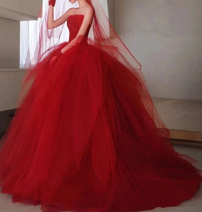 Vestido de fiesta largo con cuentas de tul burdeos, vestido de novia de tul burdeos ED0826