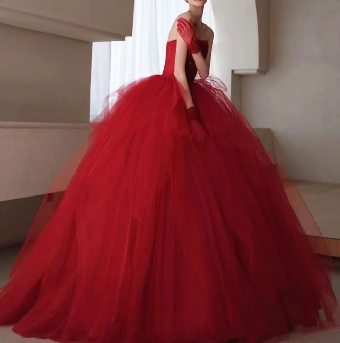 Vestido de fiesta largo con cuentas de tul burdeos, vestido de novia de tul burdeos ED0826