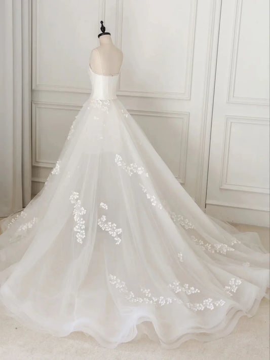 Vestido de novia largo de tul con escote en V color marfil y encaje, vestido de novia de tul color marfil ED0827