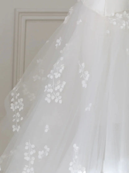 Vestido de novia largo de tul con escote en V color marfil y encaje, vestido de novia de tul color marfil ED0827