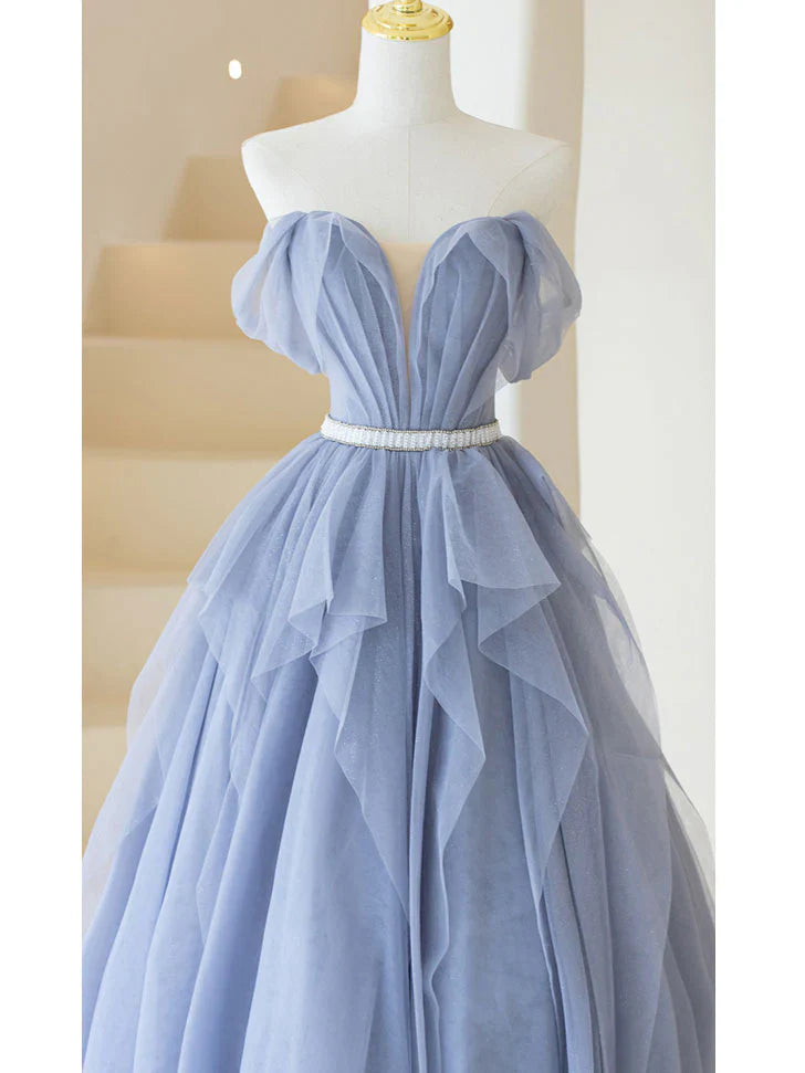 Gray purple tulle long prom dress, purple A line evening dress ED0828