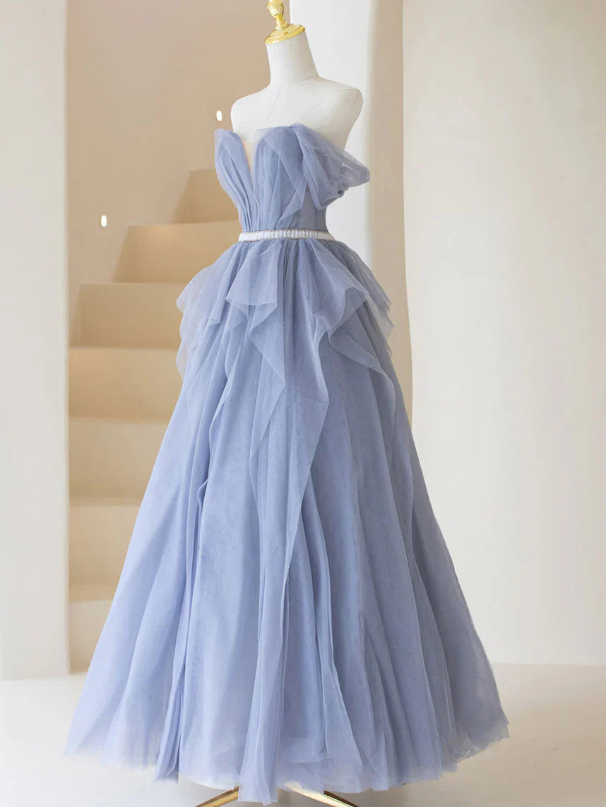 Gray purple tulle long prom dress, purple A line evening dress ED0828
