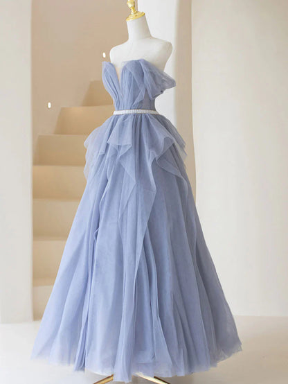 Gray purple tulle long prom dress, purple A line evening dress ED0828