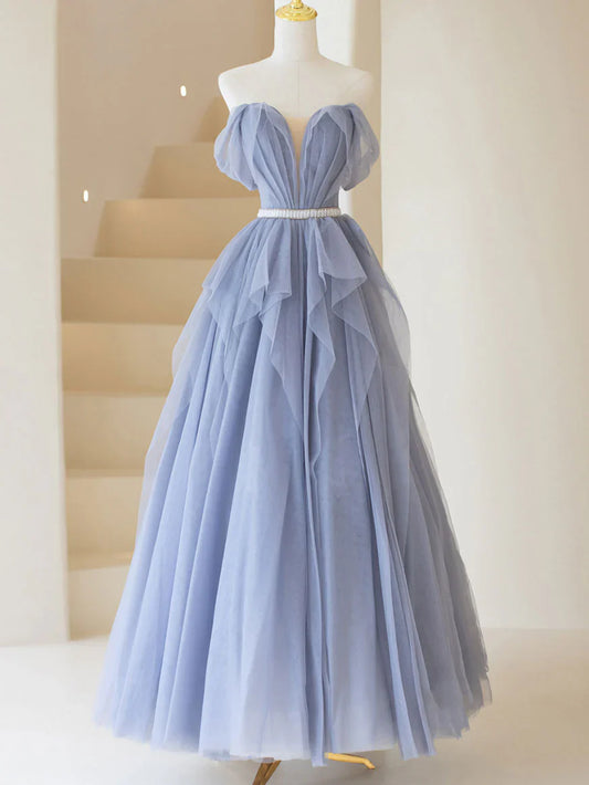 Gray purple tulle long prom dress, purple A line evening dress ED0828