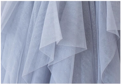 Gray purple tulle long prom dress, purple A line evening dress ED0828
