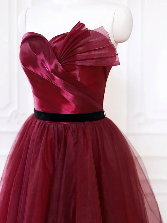 Vestido de fiesta largo de tul burdeos con escote corazón y corte en A, vestido formal largo burdeos ED083