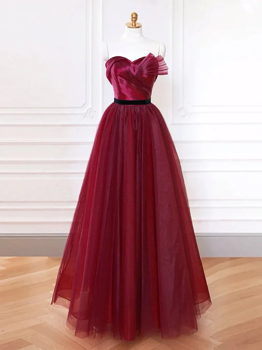 Vestido de fiesta largo de tul burdeos con escote corazón y corte en A, vestido formal largo burdeos ED083