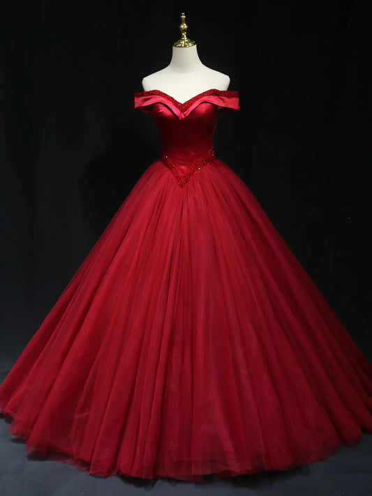 Vestido de fiesta largo burdeos con hombros descubiertos y cuentas, vestido formal burdeos ED0831