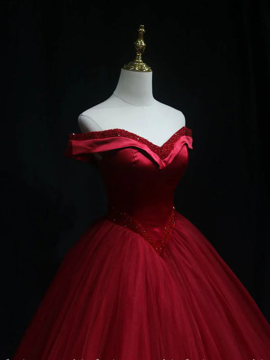 Vestido de fiesta largo burdeos con hombros descubiertos y cuentas, vestido formal burdeos ED0831