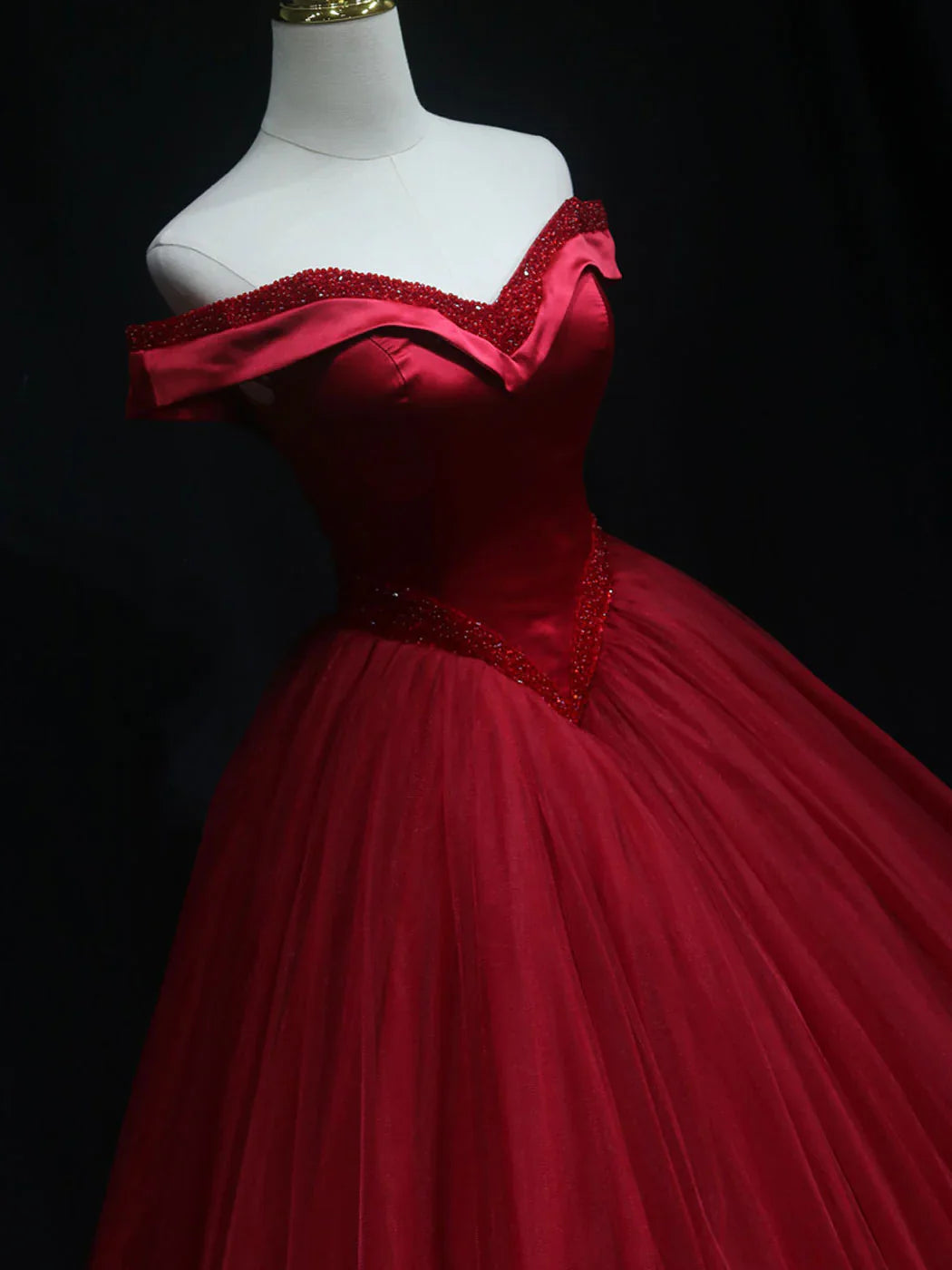 Vestido de fiesta largo burdeos con hombros descubiertos y cuentas, vestido formal burdeos ED0831