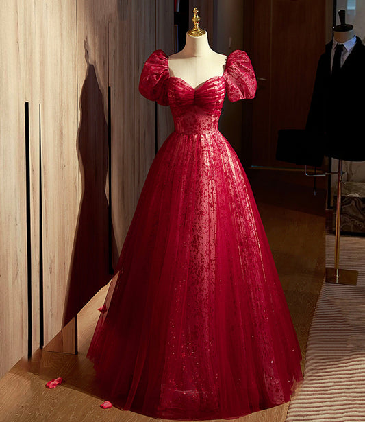 Vestido de fiesta largo de tul burdeos con lentejuelas, corte A, vestido formal burdeos ED0834
