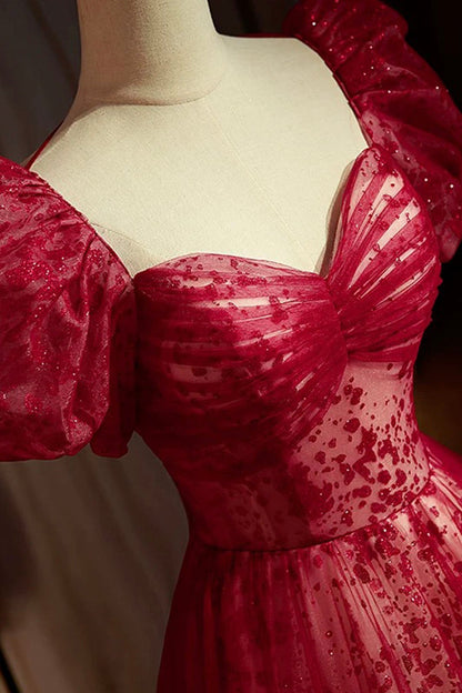 Vestido de fiesta largo de tul burdeos con lentejuelas, corte A, vestido formal burdeos ED0834
