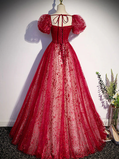 Vestido de fiesta largo de tul burdeos con lentejuelas, corte A, vestido formal burdeos ED0834