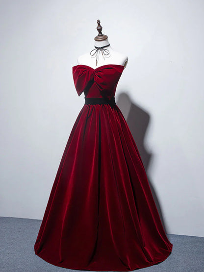 Vestido de fiesta largo burdeos de terciopelo, corte A, vestidos de dama de honor de terciopelo ED0838