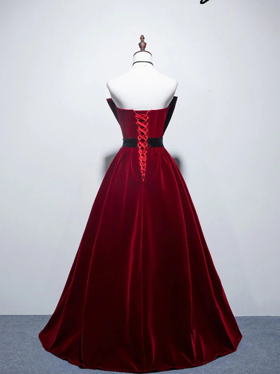Vestido de fiesta largo burdeos de terciopelo, corte A, vestidos de dama de honor de terciopelo ED0838