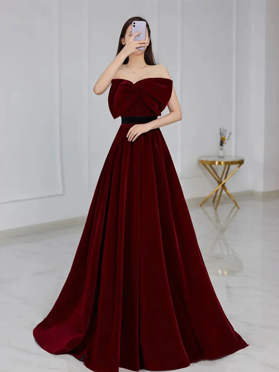 Vestido de fiesta largo burdeos de terciopelo, corte A, vestidos de dama de honor de terciopelo ED0838
