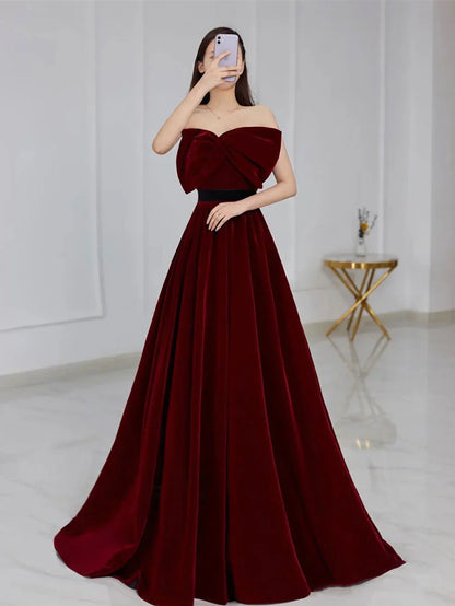 Vestido de fiesta largo burdeos de terciopelo, corte A, vestidos de dama de honor de terciopelo ED0838