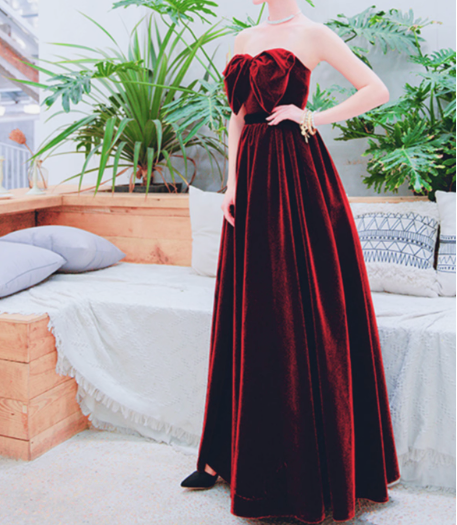Vestido de fiesta largo burdeos de terciopelo, corte A, vestidos de dama de honor de terciopelo ED0838