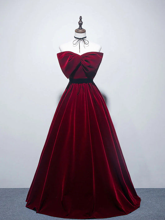 Vestido de fiesta largo burdeos de terciopelo, corte A, vestidos de dama de honor de terciopelo ED0838