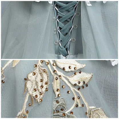 Vestido de fiesta largo de tul con encaje en forma de A, color gris y verde, vestido de noche de encaje ED0883