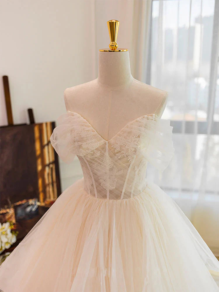 Vestido de novia largo de tul con escote corazón color champán y encaje, ED0886