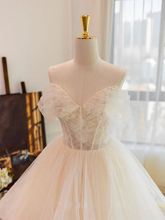 Vestido de novia largo de tul con escote corazón color champán y encaje, ED0886