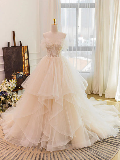 Vestido de novia largo de tul con escote corazón color champán y encaje, ED0886