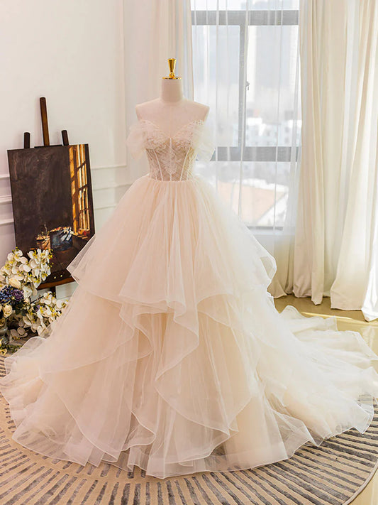 Vestido de novia largo de tul con escote corazón color champán y encaje, ED0886