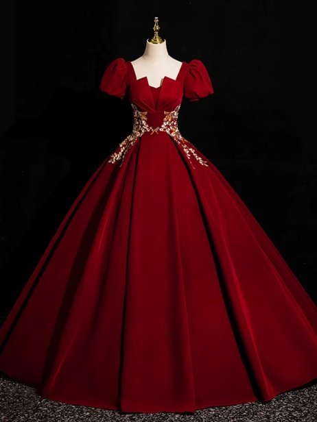 Vestido de fiesta largo burdeos con apliques de terciopelo y manga corta, corte A, ED0934