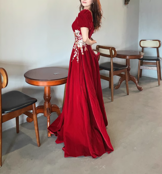 Vestido de fiesta largo burdeos con apliques de terciopelo y manga corta, corte A, ED0934