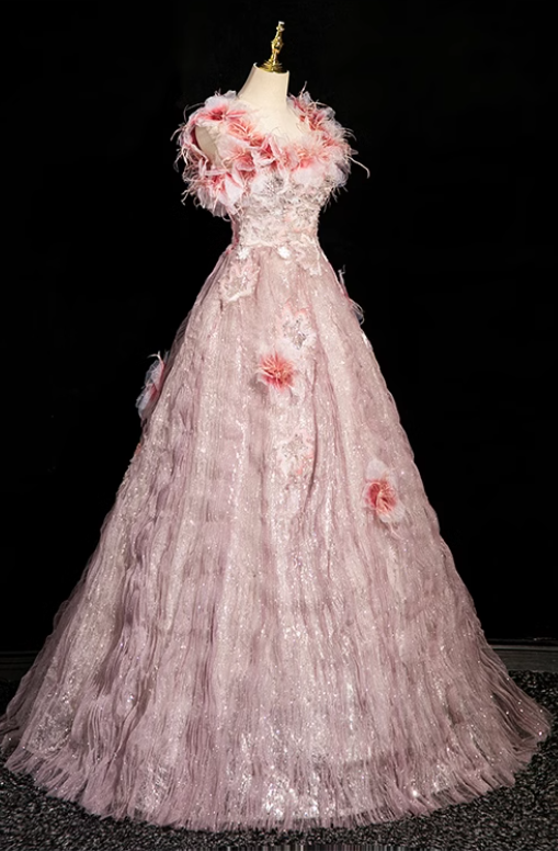 Vestido largo formal de tul con escote cuadrado, corte A, color rosa, con cuentas, para cumpleaños, ED0937