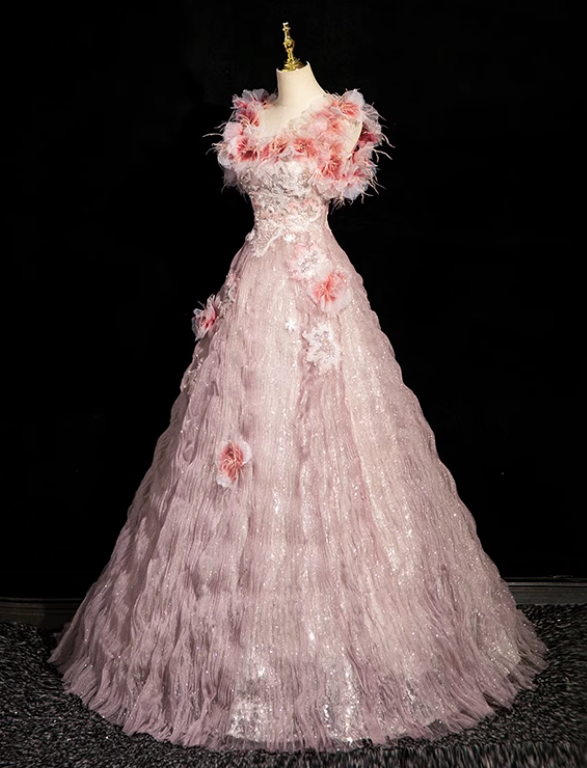 Vestido largo formal de tul con escote cuadrado, corte A, color rosa, con cuentas, para cumpleaños, ED0937