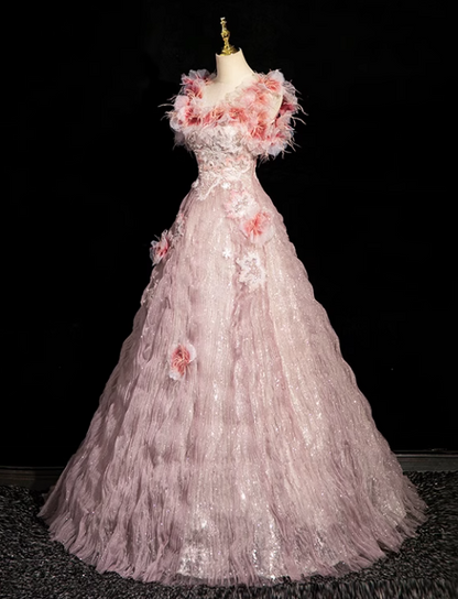 Vestido largo formal de tul con escote cuadrado, corte A, color rosa, con cuentas, para cumpleaños, ED0937