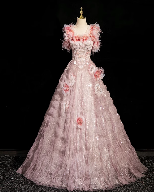 Vestido largo formal de tul con escote cuadrado, corte A, color rosa, con cuentas, para cumpleaños, ED0937