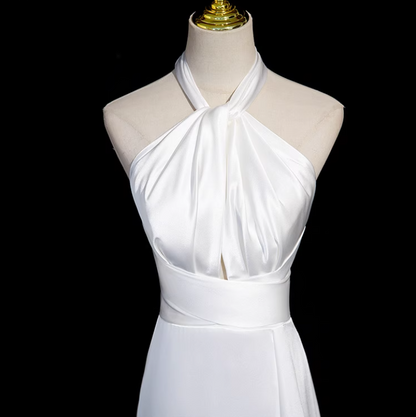 Vestido formal largo de sirena de satén con cuello halter blanco, vestido de novia blanco ED0939