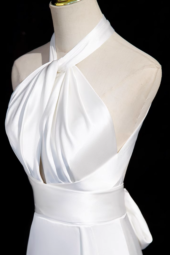 Vestido formal largo de sirena de satén con cuello halter blanco, vestido de novia blanco ED0939