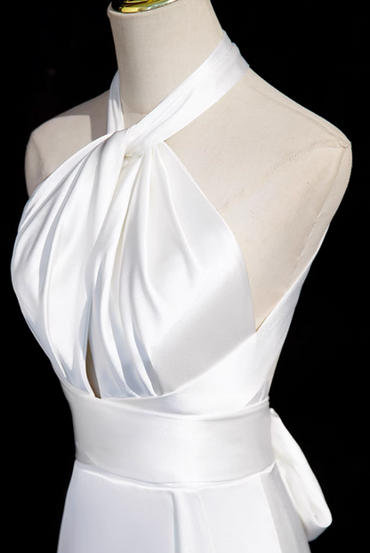 Vestido formal largo de sirena de satén con cuello halter blanco, vestido de novia blanco ED0939