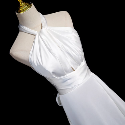 Vestido formal largo de sirena de satén con cuello halter blanco, vestido de novia blanco ED0939